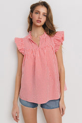 Ces Femme Plaid Notched Ruffled Cap Sleeve Blouse