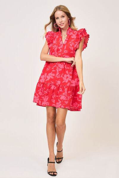 Umgee Two Tone Floral Print Ruffle Cap Sleeve Mini Dress Plus Size - us.meeeshop