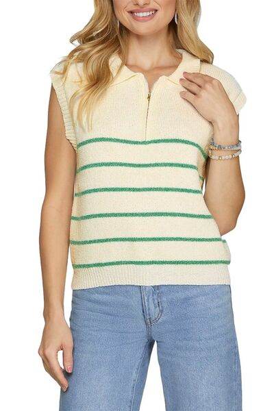 She + Sky Ribbed Hem Striped Half Zip Sweater Vest Plus Size - us.meeeshop