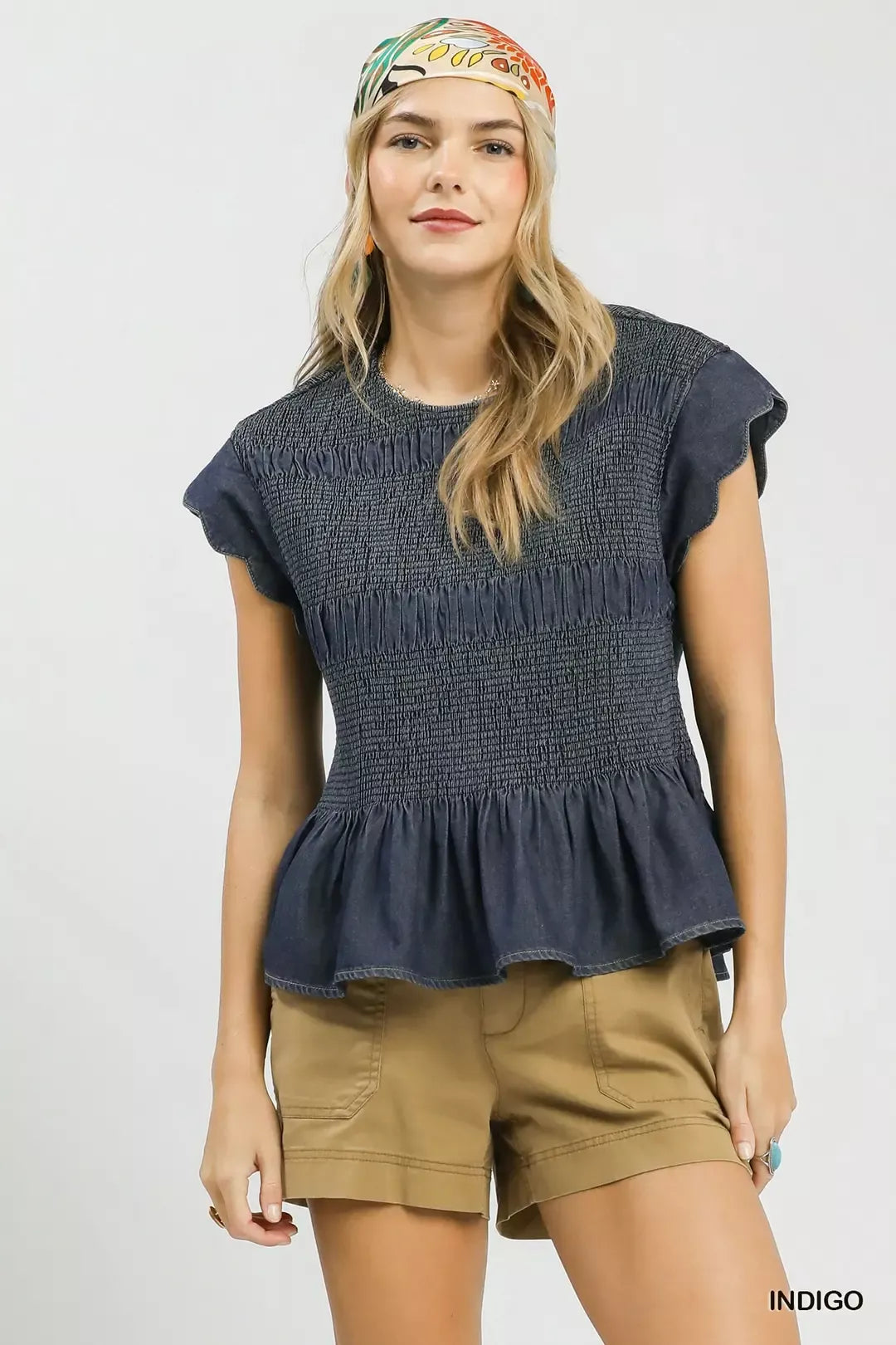 umgee smocked peplum Umgee Smocked Peplum Top with Scalloped Ruffle Cap Sleeves INDIGO (top) - shop at us.meeeshop