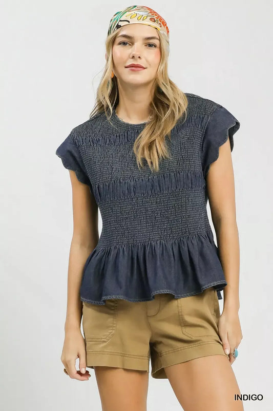 umgee smocked peplum Umgee Smocked Peplum Top with Scalloped Ruffle Cap Sleeves INDIGO (top) - shop at us.meeeshop