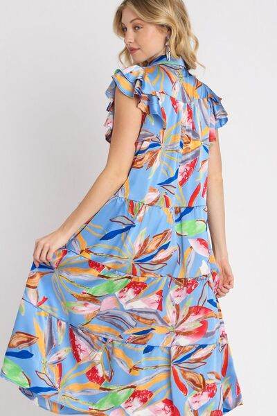 Umgee Leaf Print Double Layered Ruffle Sleeve Tiered Midi Dress Plus Size - us.meeeshop