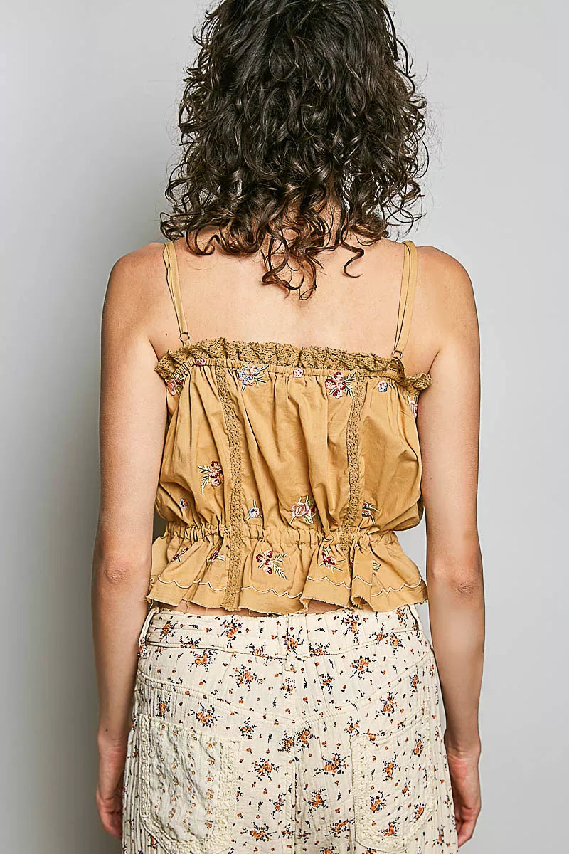 pol button down POL Button Down Floral Embroidered Cropped Cami with Lace Detail view 4 (top) - shop at us.meeeshop