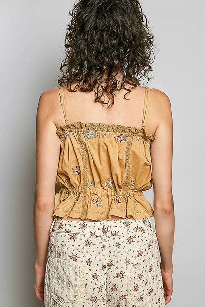 pol button down POL Button Down Floral Embroidered Cropped Cami with Lace Detail view 4 (top) - shop at us.meeeshop