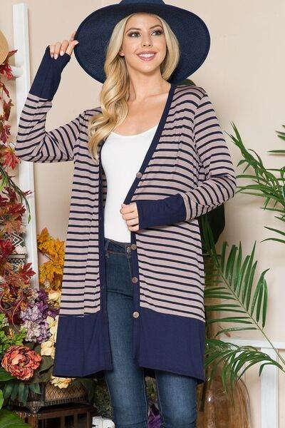 Celeste Striped Button Up Long Sleeve Cardigan Plus Size - us.meeeshop