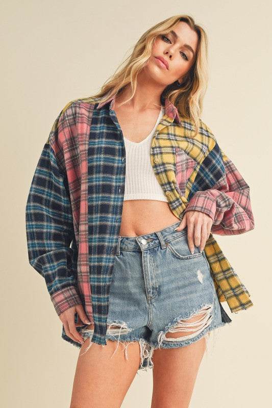 Aemi + Co Frayed Hem Color Block Plaid Drop Shoulder Shirt - us.meeeshop