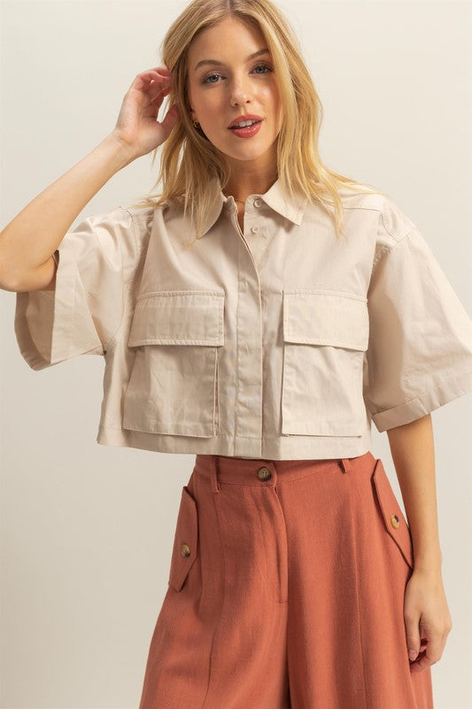 HYFVE Front Pockets Poplin Collared Neck Crop Shirt in Sand - us.meeeshop