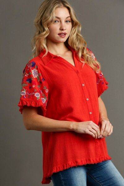 Umgee Linen Shirt with Embroidered Sleeves Plus Size - us.meeeshop