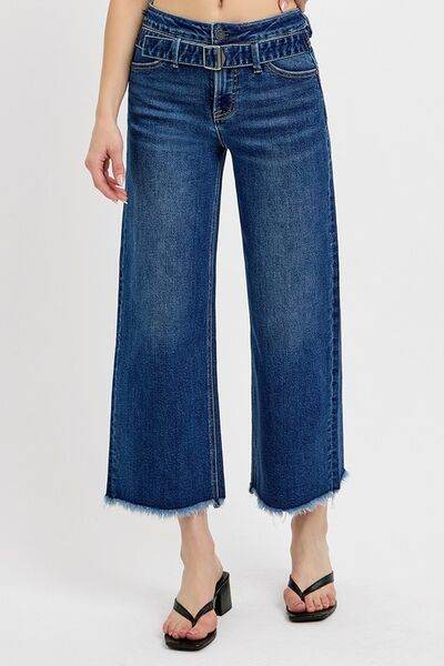 RISEN Raw Hem Wide Leg Attached Buckle Jeans - us.meeeshop