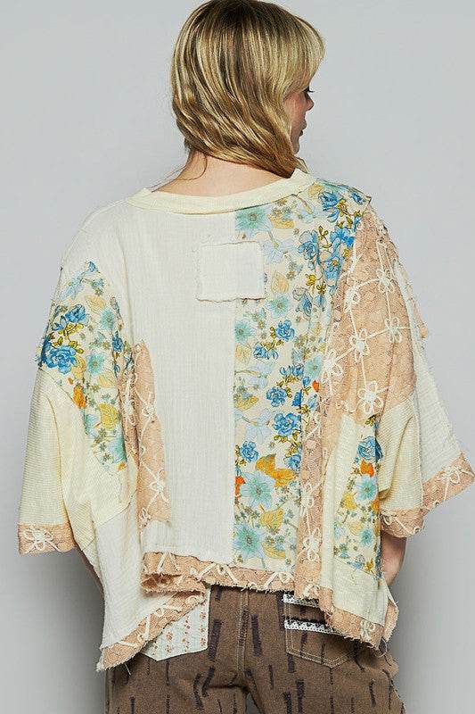 POL Floral Lace Patch Round Neck Double Gauze Top - us.meeeshop