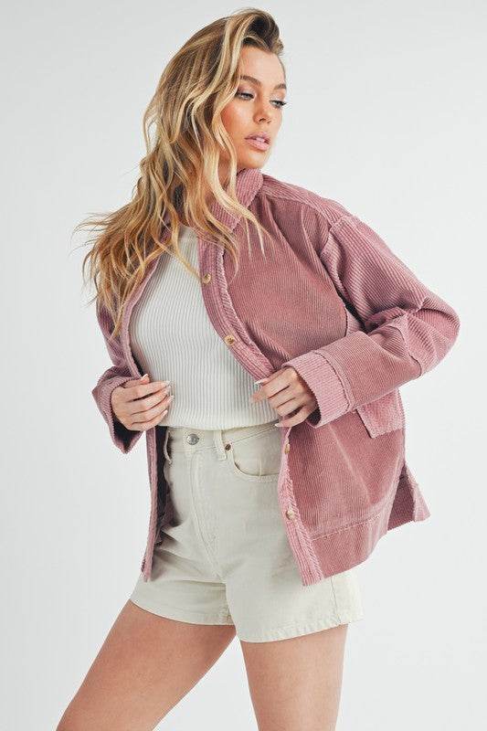 Aemi + Co Side Slit Exposed Seam Button Up Corduroy Jacket - us.meeeshop