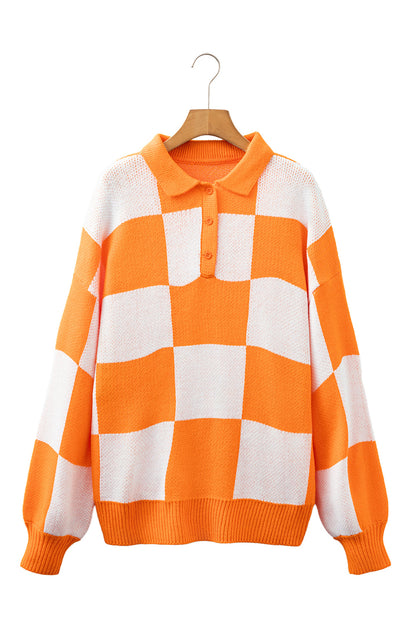 neck checkered sweater V Neck Checkered Sweater - Tangerine view 8 (layer) - shop at us.meeeshop