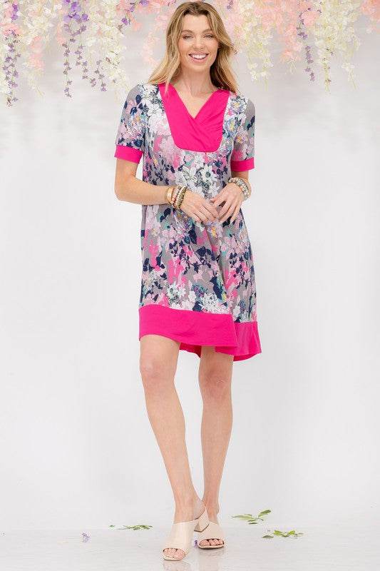 Celeste Full Size Floral Surplice Short Sleeve Dress with Pockets Plus Size - us.meeeshop