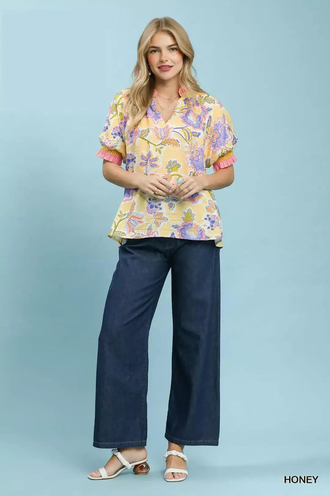 umgee floral print Umgee Floral Print Ruffled Short Sleeve Top view 4 (top) - shop at us.meeeshop