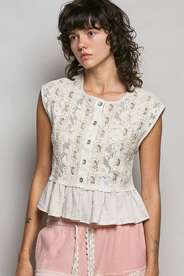 Pol Round Neck Lace Sleeveless Top with Double Gauze Ruffle