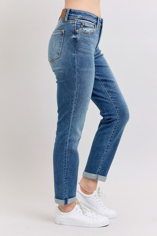 Judy Blue Full Size Mid Rise Skinny Cuff Jeans with Pockets Plus Size - us.meeeshop