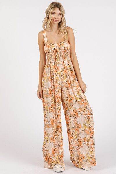 Mittoshop Flower Print Gathered Bust Sleeveless Jumpsuit - us.meeeshop