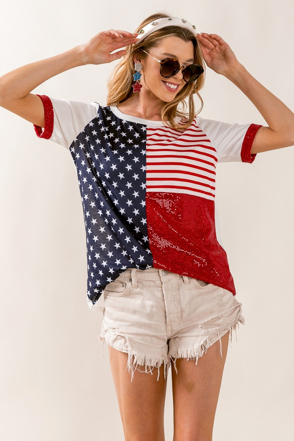 BiBi Star & Stripes Round Neck Short Sleeve T-Shirt | us.meeeshop