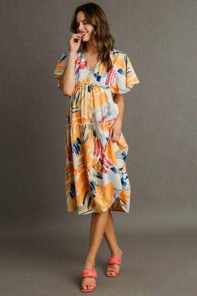 Umgee Abstract Print Flutter Sleeve Frill Tiered Midi Dress Plus Size - us.meeeshop