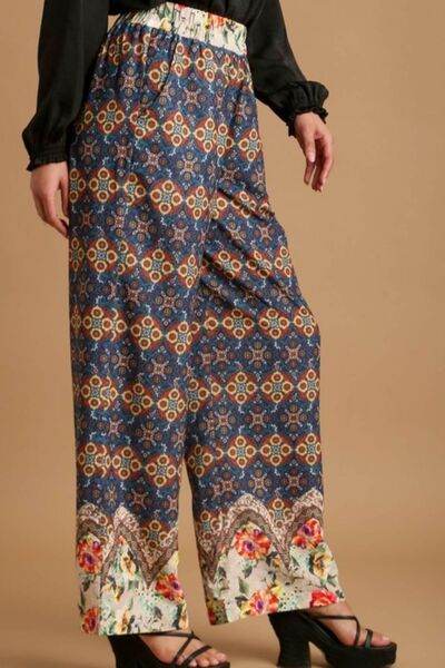 Umgee | Mixed Print Elastic Waistband Pants Plus Size - us.meeeshop