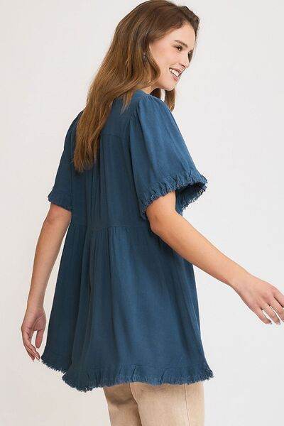 Umgee Raw Hem Notched Babydoll Linen Blouse Plus Size - us.meeeshop