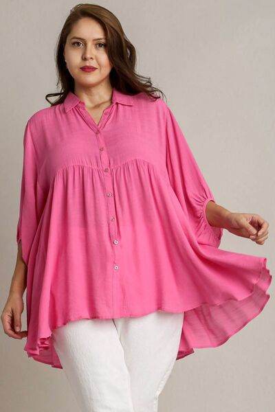 Umgee High Low Hem Back Tiered Button Down Shirt Plus Size - us.meeeshop