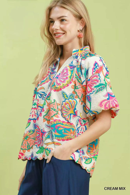 umgee mix floral Umgee Mix Floral Print Scallop Hem Blouse view 2 (top) - shop at us.meeeshop