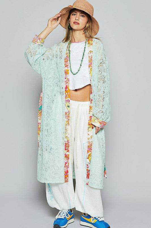 POL Floral Trim Lace Open Front Longline Cardigan in PALE MINT - us.meeeshop