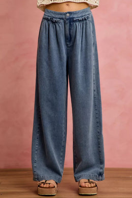 SO ME Mid Rise Ruffled Front Elastic Wide Leg Jeans