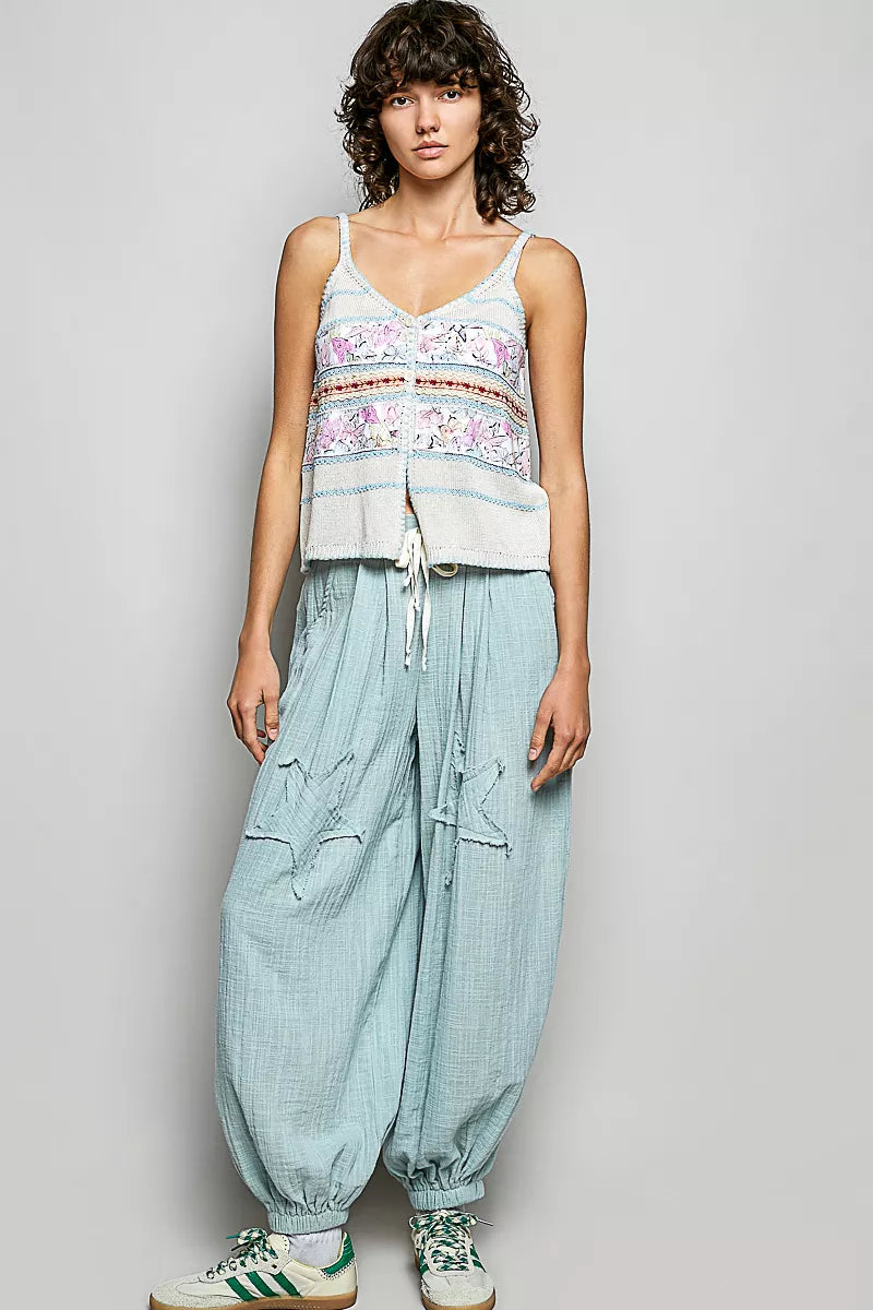 pol printed contrast Pol Printed Contrast Button Down Cami with Trim Detail and Blanket Stitch view 5 (top) - shop at us.meee