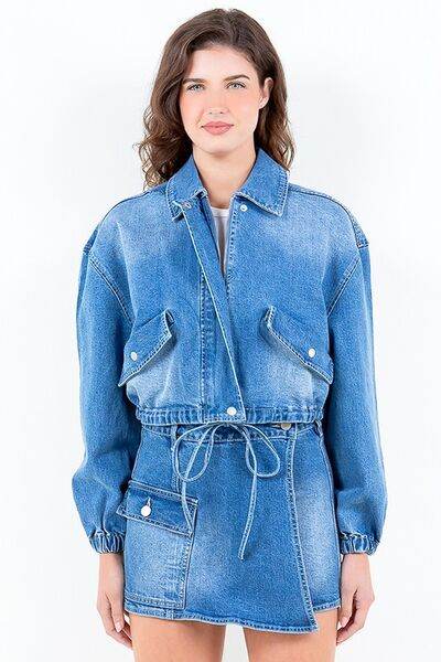 American Bazi Drop Shoulder Cropped Denim Jacket with Waist Strap Plus Size - us.meeeshop