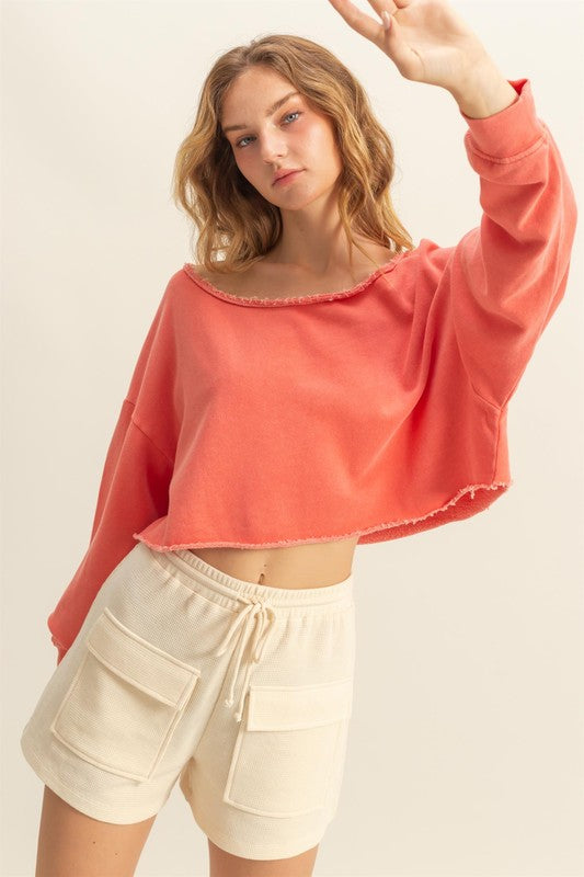 HYFVE Frayed Detail Boat Neck Long Sleeve Crop Top - us.meeeshop