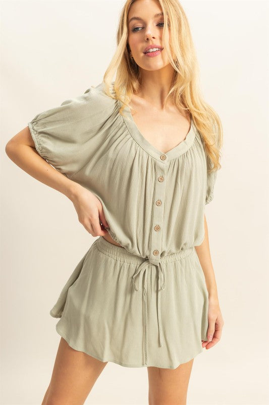 HYFVE Drawstring Hem Short Sleeve Top and Skort Set in Sage - us.meeeshop