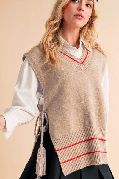 Aemi + Co Ribbed V-Neck Sweater Vest with Tassel - us.meeeshop