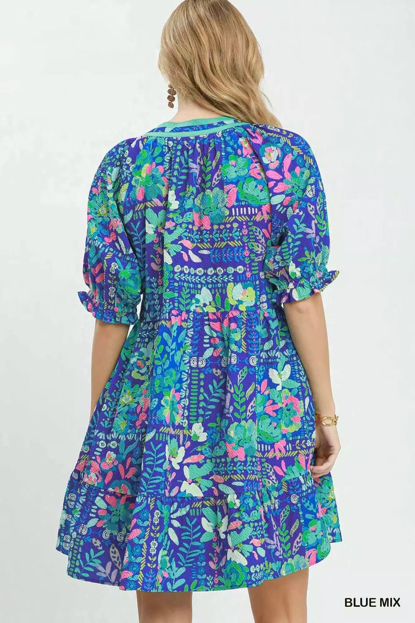 umgee mix botanical Umgee Mix Botanical Print Puff Sleeve Tiered Dress view 3 (dress) - shop at us.meeeshop