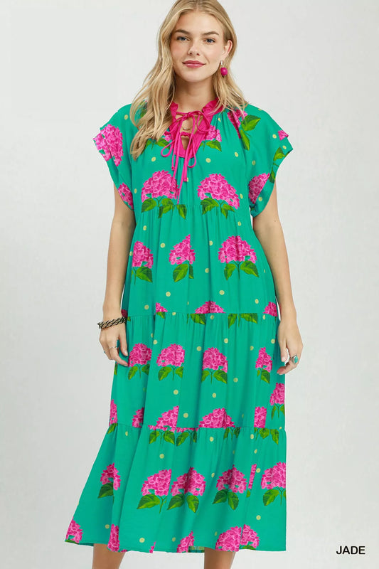 Umgee Hydrangea Print Tiered Midi Dress (women's dresses) - shop at us.meeeshop