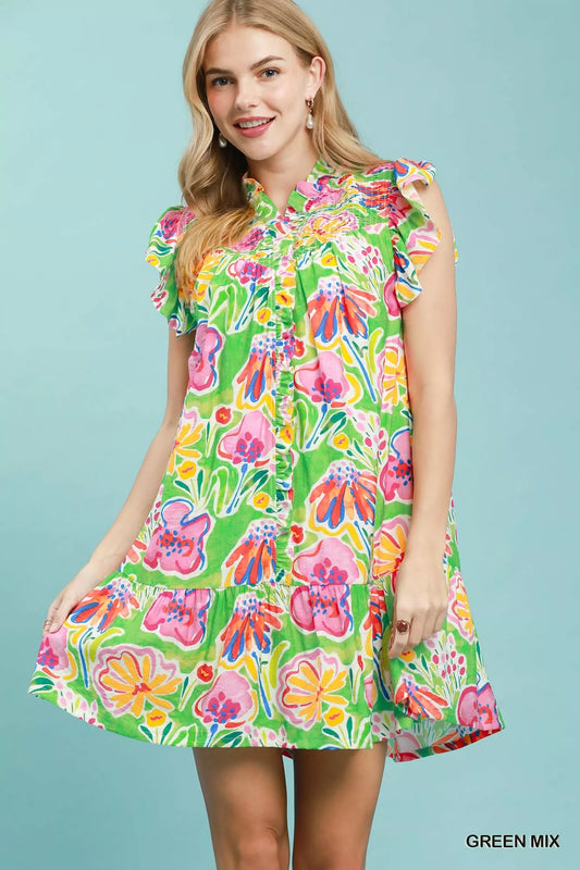 umgee floral ruffle Umgee Floral Ruffle Mini Dress GREEN MIX (dress) - shop at us.meeeshop