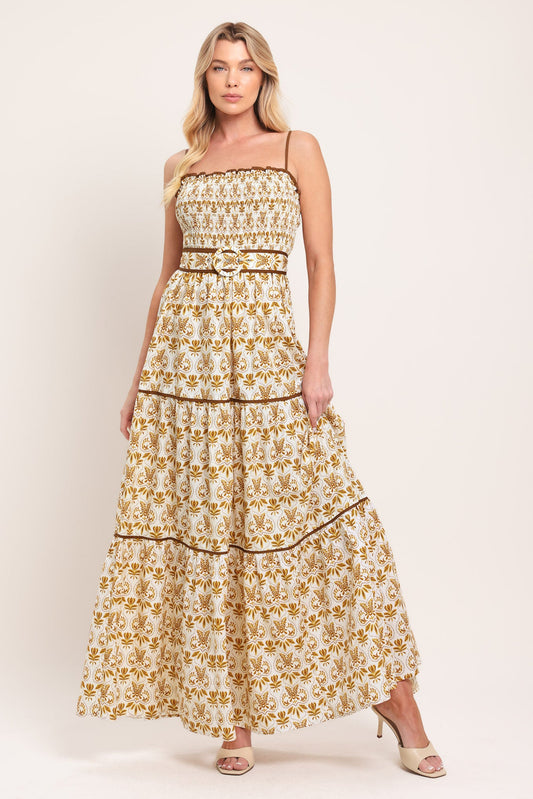 Dainty Flora Woven Maxi Dress in CAMEL - Dainty Floral Dress