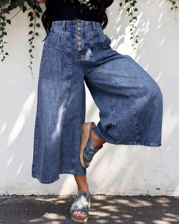 Dallas High Rise Buttons Pleated Cropped Wide Leg Denim Pants in 4 - High-Waisted (bottom)