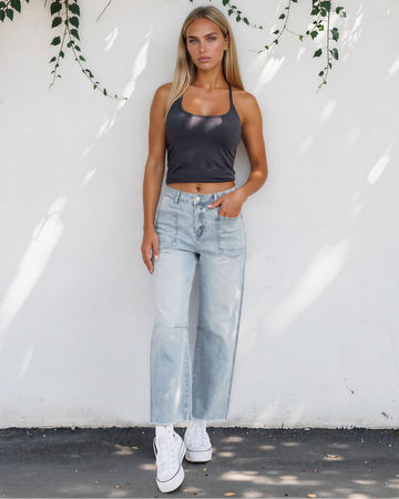 Daphne Frayed Cropped Barrel Jeans in Black view 2 (bottom)