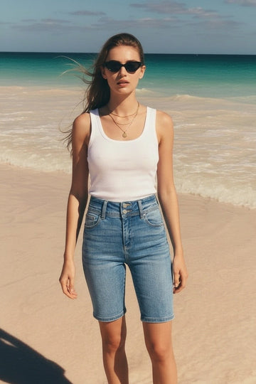 Daphne High Rise Double Button Waistband Bermuda Jeans in S - High-Waisted (bottom)