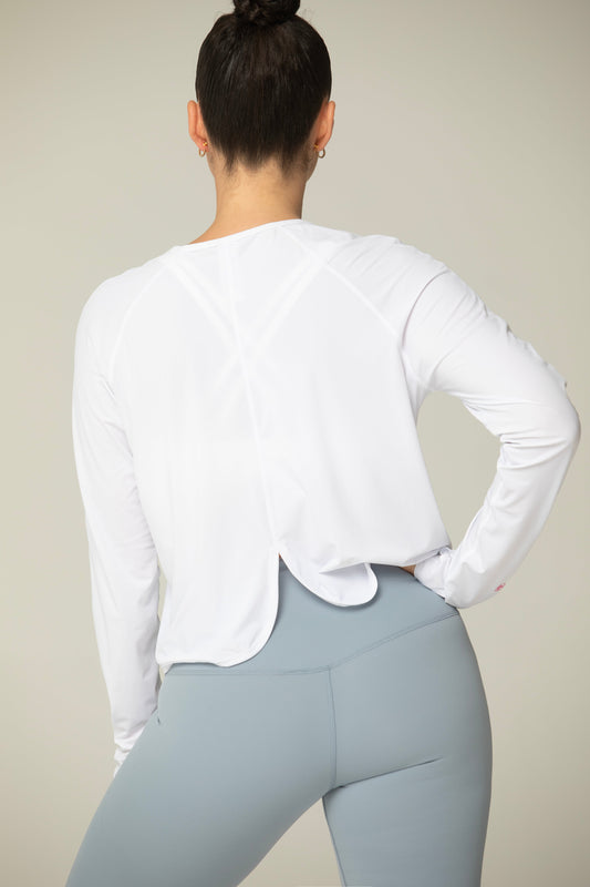 Daybreak Lightweight Long Sleeve Workout Shirt – Thumbhole Sleeves & Split Hem in WHITE view 2 - Casual Office Outfit