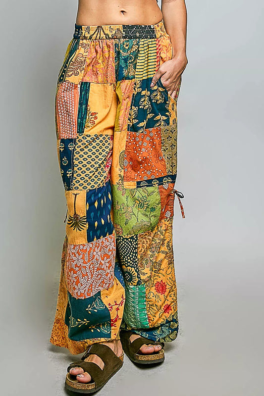 pol printed patchwork Pol Printed Patchwork Wide Leg Pants with Adjustable Side Drawstring HONEY MULTI (bottom) - shop at us.