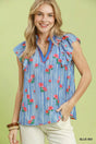 Umgee Striped Floral Ruffle Sleeve Top with Contrast Trim