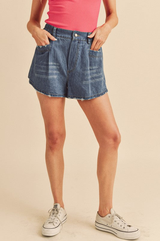 Aemi + Co Frayed Hem Elastic Waist Denim Shorts in Medium - us.meeeshop