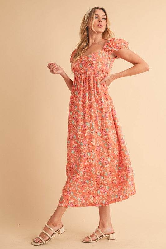 Aemi + Co Cutout Back Floral Square Neck Puff Sleeve Midi Dress - us.meeeshop