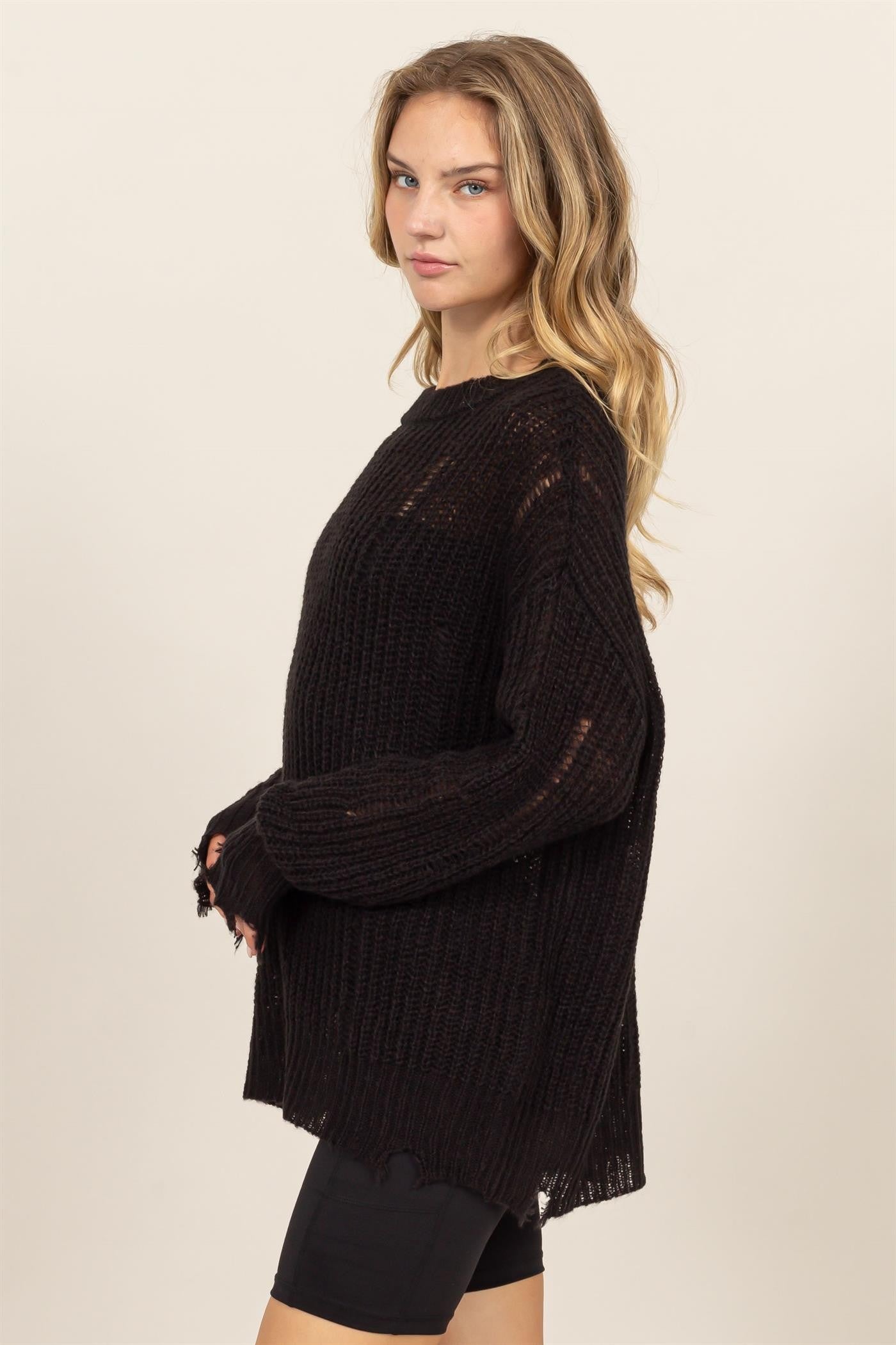 HYFVE Distressed Long Sleeve Knit Top In Black