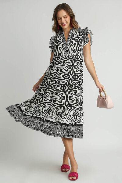 Umgee Two Tone Border Print Ruffle Cap Sleeve Midi Dress Plus Size - us.meeeshop