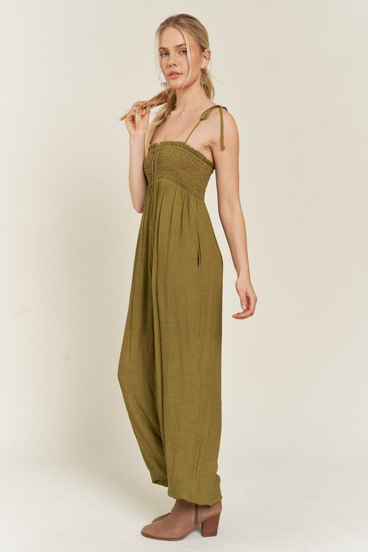 Smocked Tie Strap Jumpsuit | view 2 | Jade By Jane | us.meeeshop