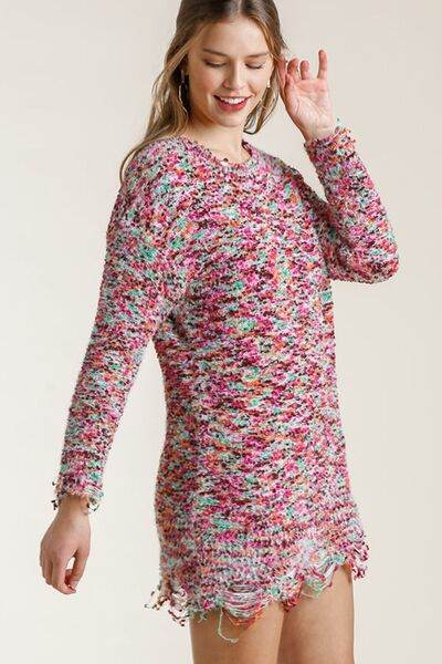 Umgee Distressed Hem Multicolored Round Neck Knit Tunic Dress Plus Size - us.meeeshop